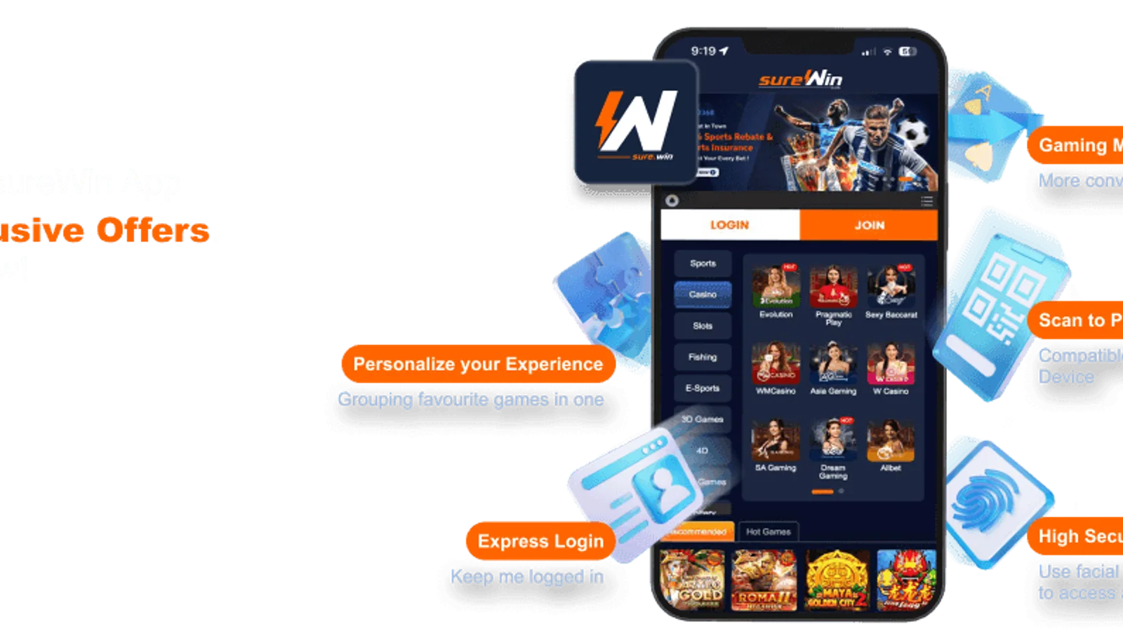 surewin slots and mobile play lifestyle visual with brand logo