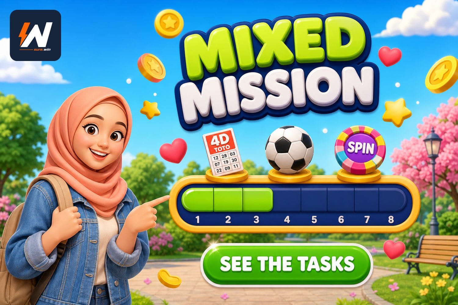 sureWin Promotions Malaysia mixed mission bar with 4D football and spin